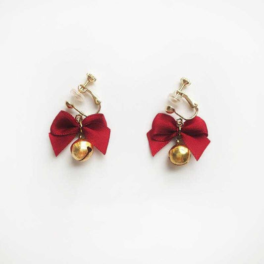 New Year Red Bow Bells Earrings Ear Clips Christmas-Jewearrings