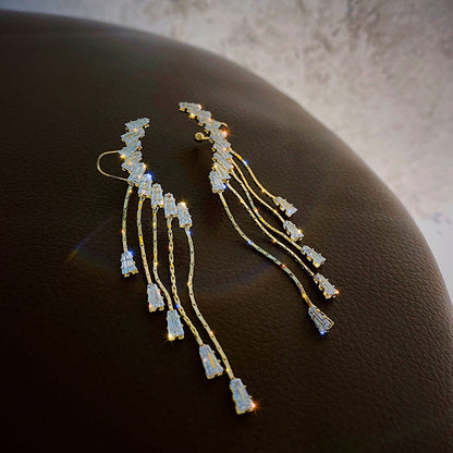 Exaggerated And Personalized Ear Clip Tassel Rhinestone Earrings-Jewearrings