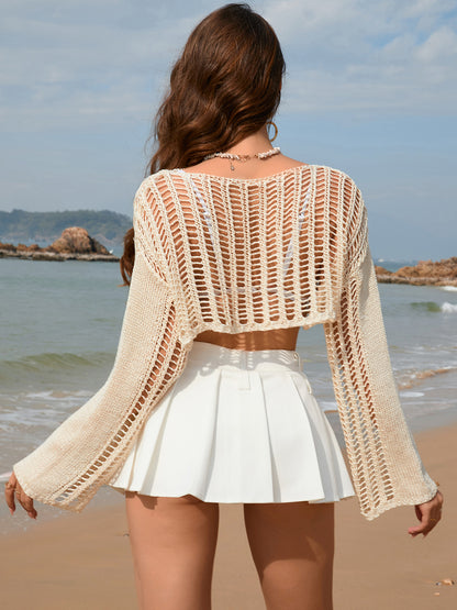 Openwork Boat Neck Long Sleeve Cover-Up-Jewearrings