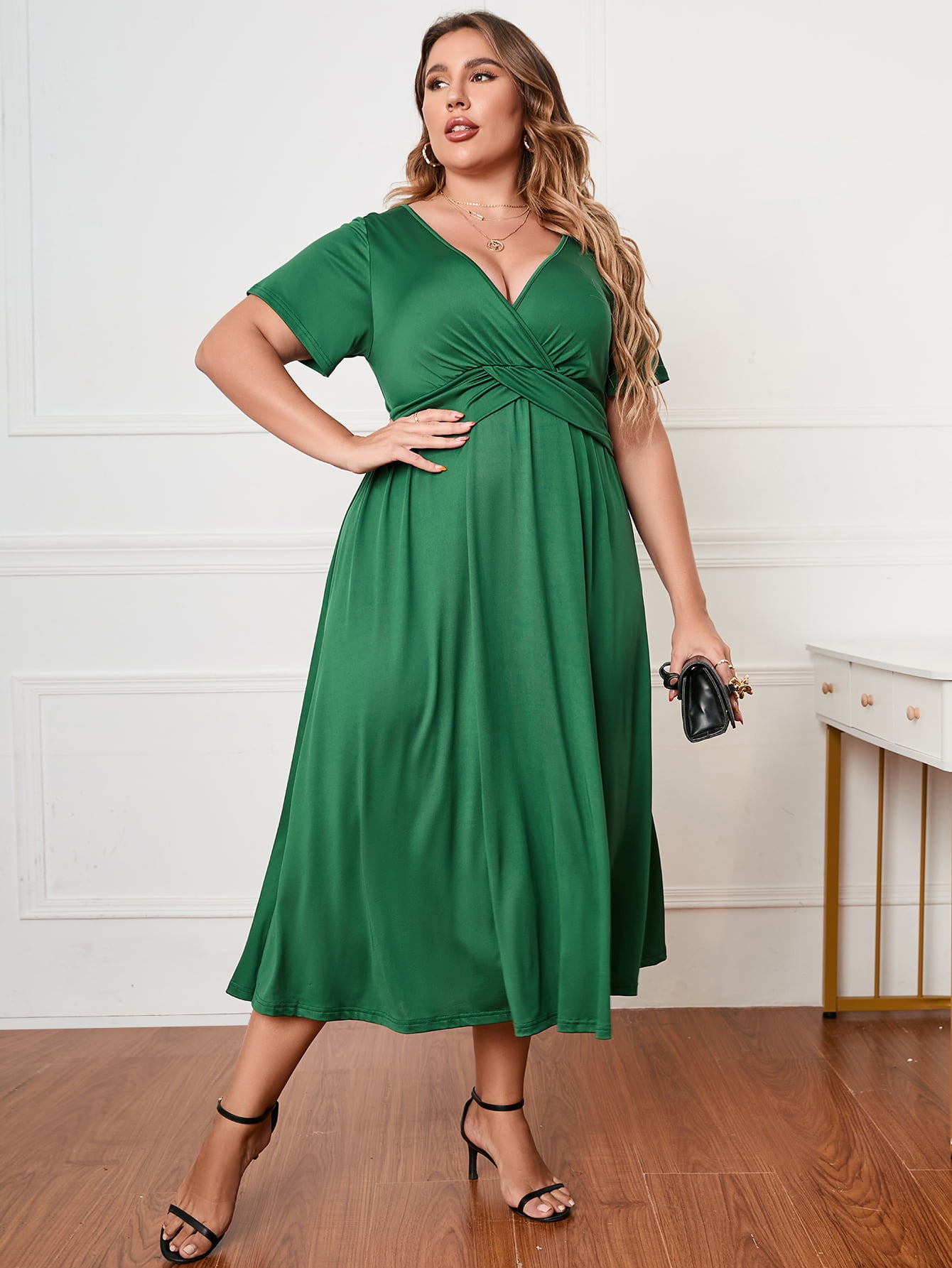 Plus Size Short Sleeve Surplice Neck Midi Dress-Jewearrings