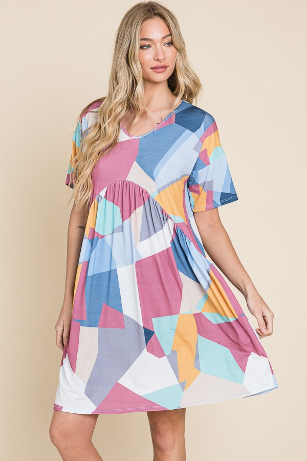 BOMBOM Ruched Color Block Short Sleeve Dress-Jewearrings