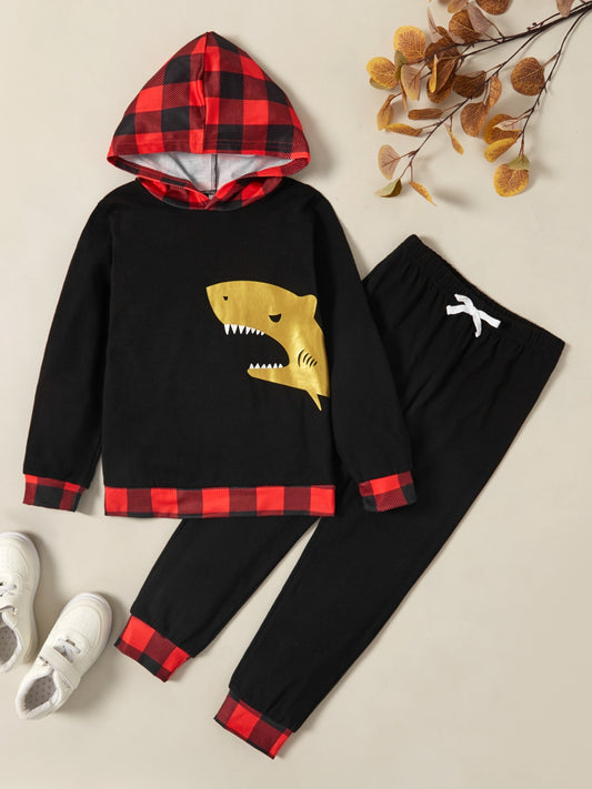 Shark Graphic Plaid Hoodie and Drawstring Pants Set-Jewearrings