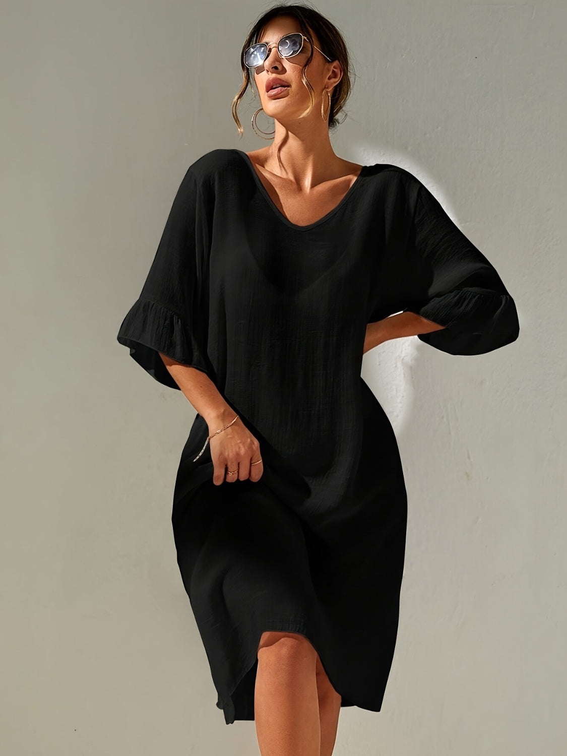 Slit V-Neck Flounce Sleeve Cover-Up-Jewearrings