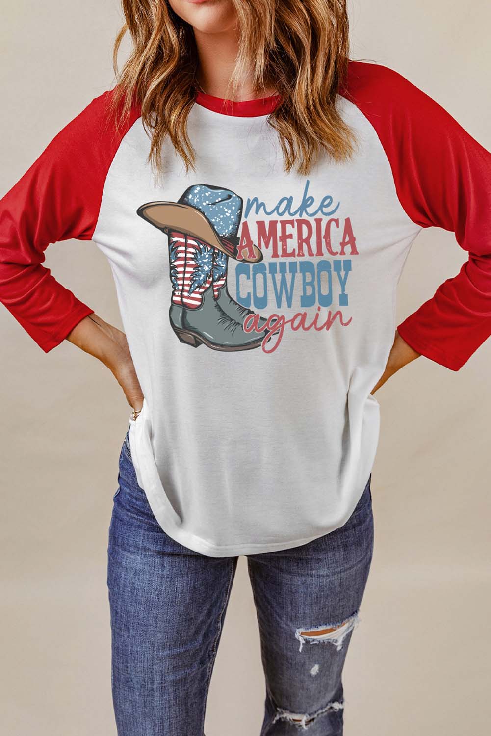 Raglan Sleeve MAKE AMERICA COWBOY AGAIN Graphic Tee-Jewearrings