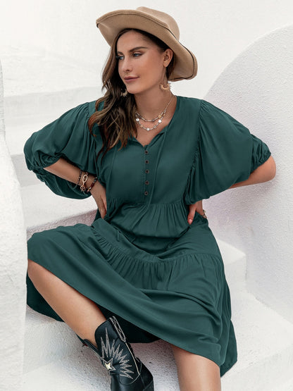 Plus Size Tie Neck Balloon Sleeve Midi Dress-Jewearrings