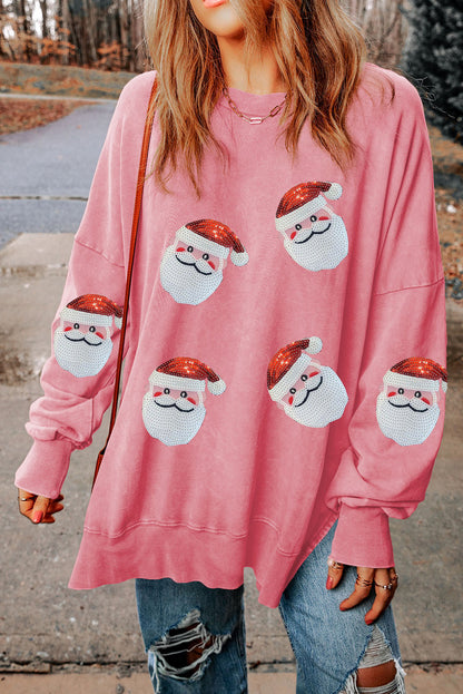 Sequin Santa Round Neck Slit Sweatshirt-Jewearrings