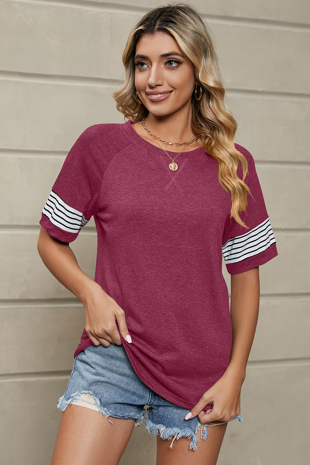 Striped Round Neck Short Sleeve T-Shirt-Jewearrings