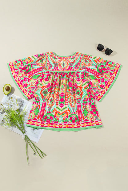 Plus Size Printed Round Neck Half Sleeve Blouse-Jewearrings