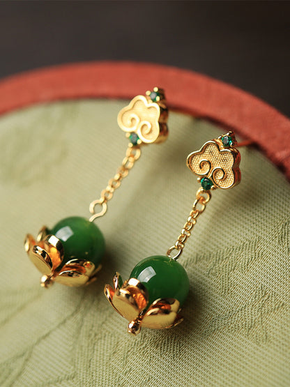 S925 Silver Ancient Style Golden Wishes Hetian Jade Green Jade Earrings-Jewearrings