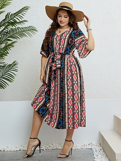 Plus Size Bohemian V-Neck Tie Belt Midi Dress-Jewearrings