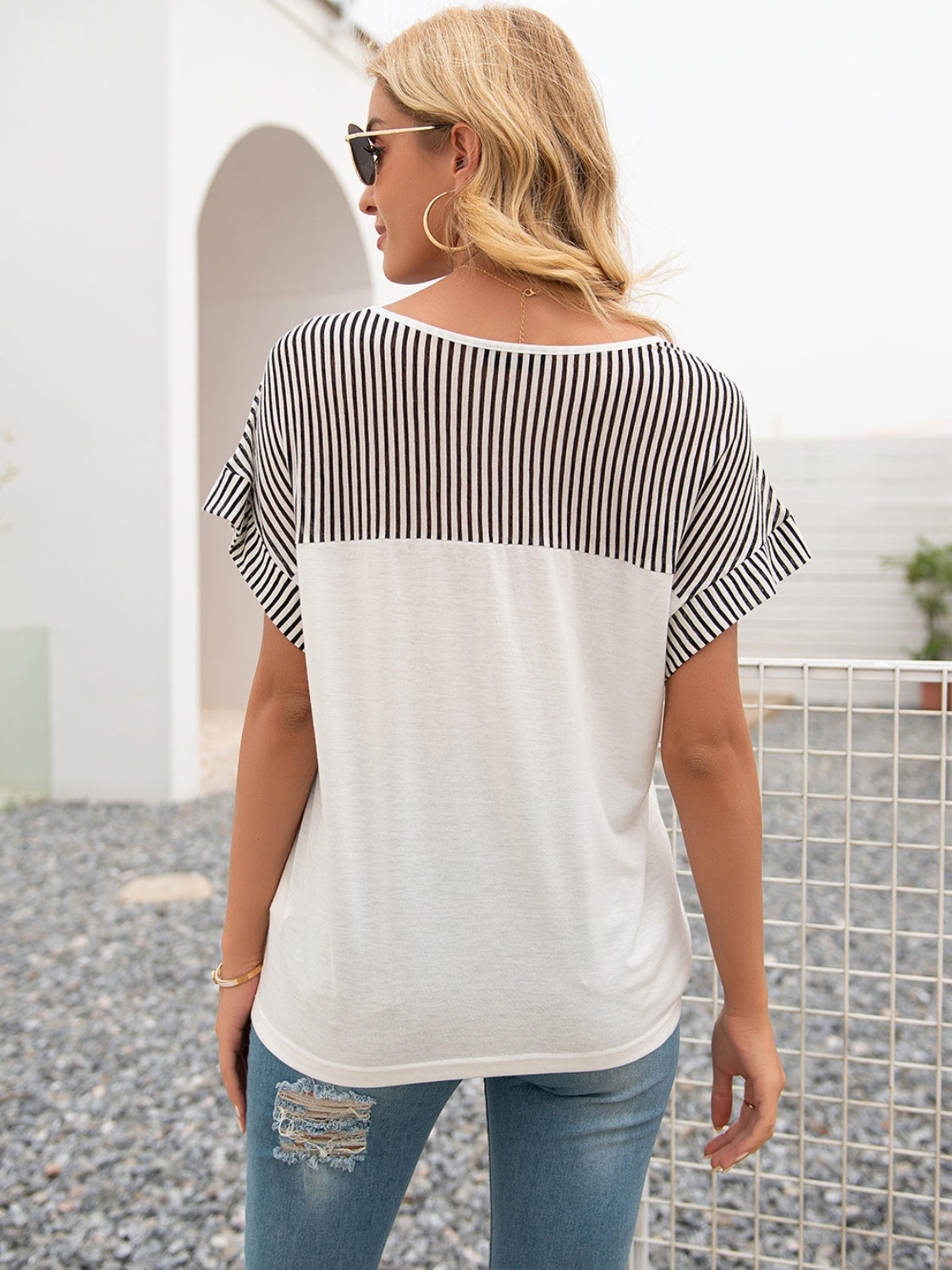 Striped V-Neck Short Sleeve T-Shirt-Jewearrings