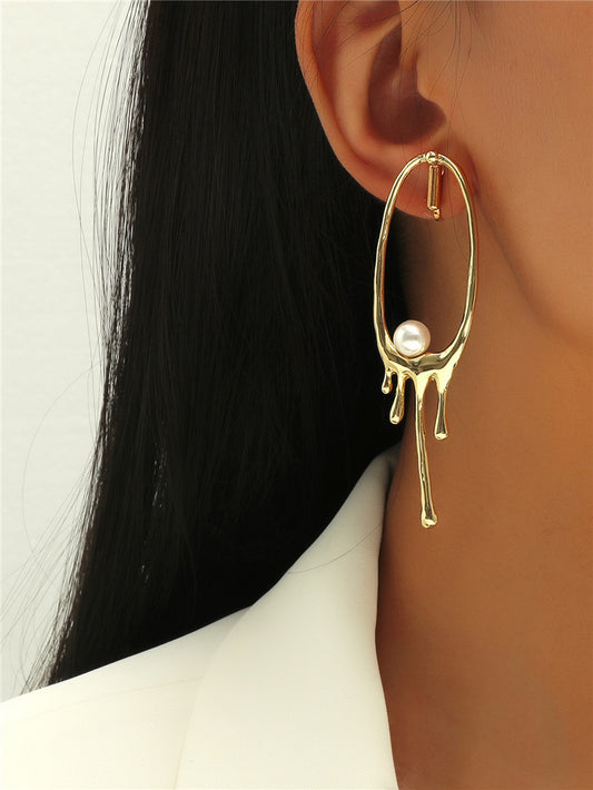 Oval Irregular Metal Lava Pearl Long Earrings-Jewearrings