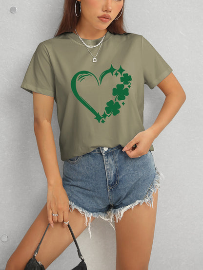 Heart Lucky Clover Round Neck Short Sleeve T-Shirt-Jewearrings