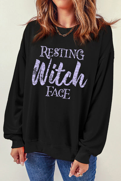 Round Neck Long Sleeve RESTING WITCH FACE Graphic Sweatshirt-Jewearrings