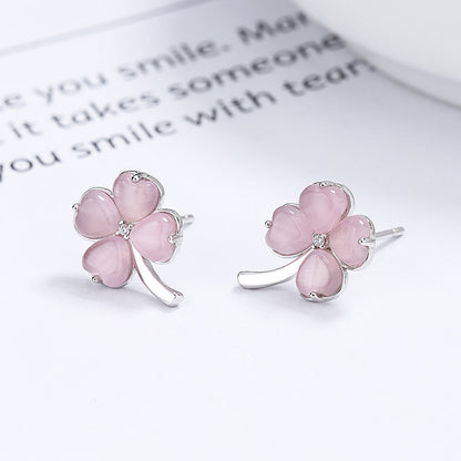 Simple 925 Sterling Silver Lucky Four-leaf Clover Stud Earrings-Jewearrings