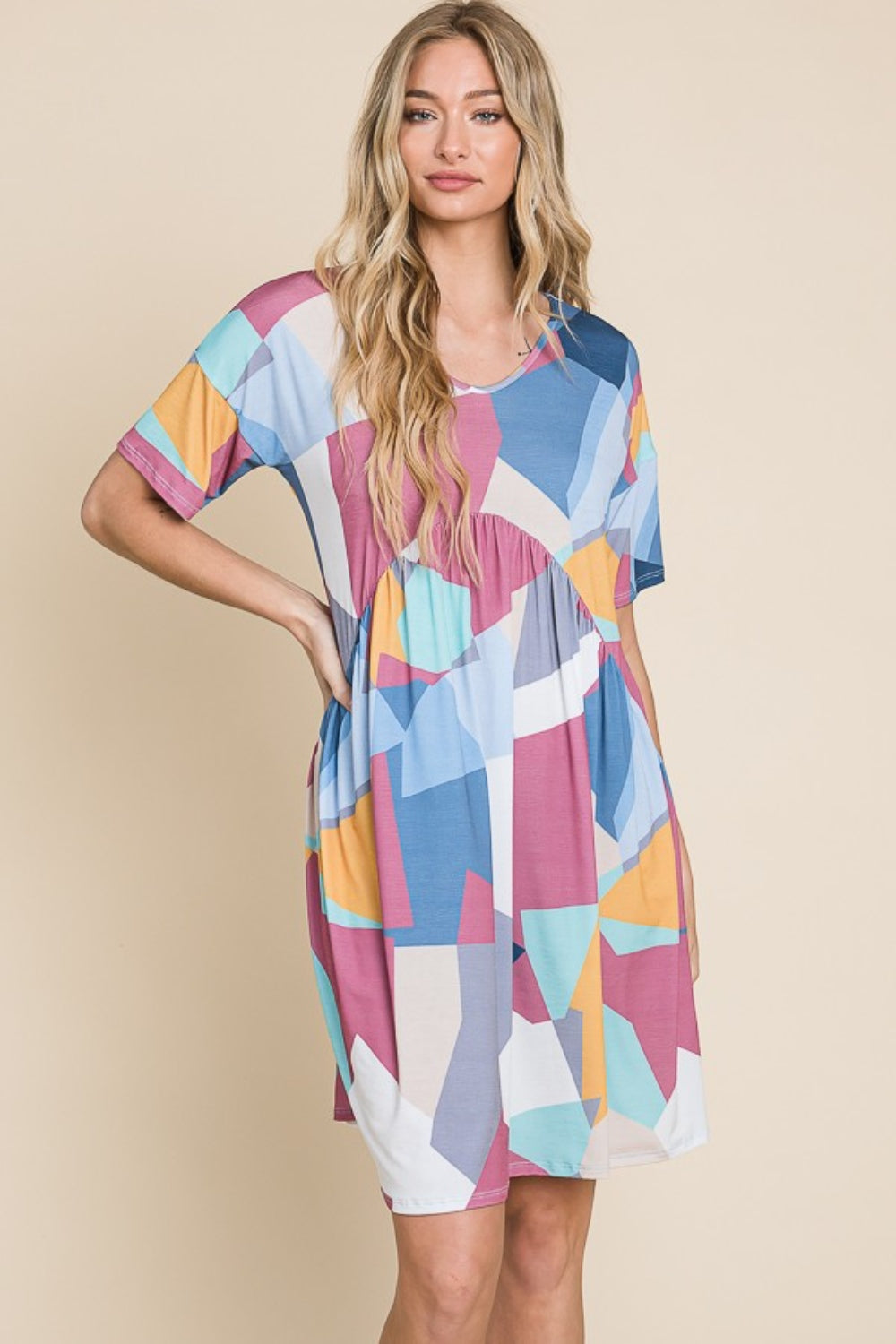 BOMBOM Ruched Color Block Short Sleeve Dress-Jewearrings