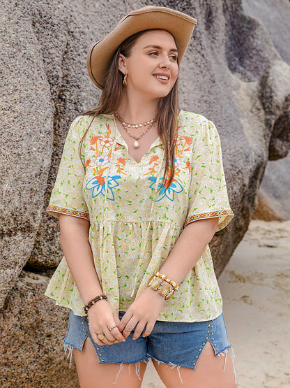 Plus Size Printed Tie Neck Half Sleeve Blouse-Jewearrings