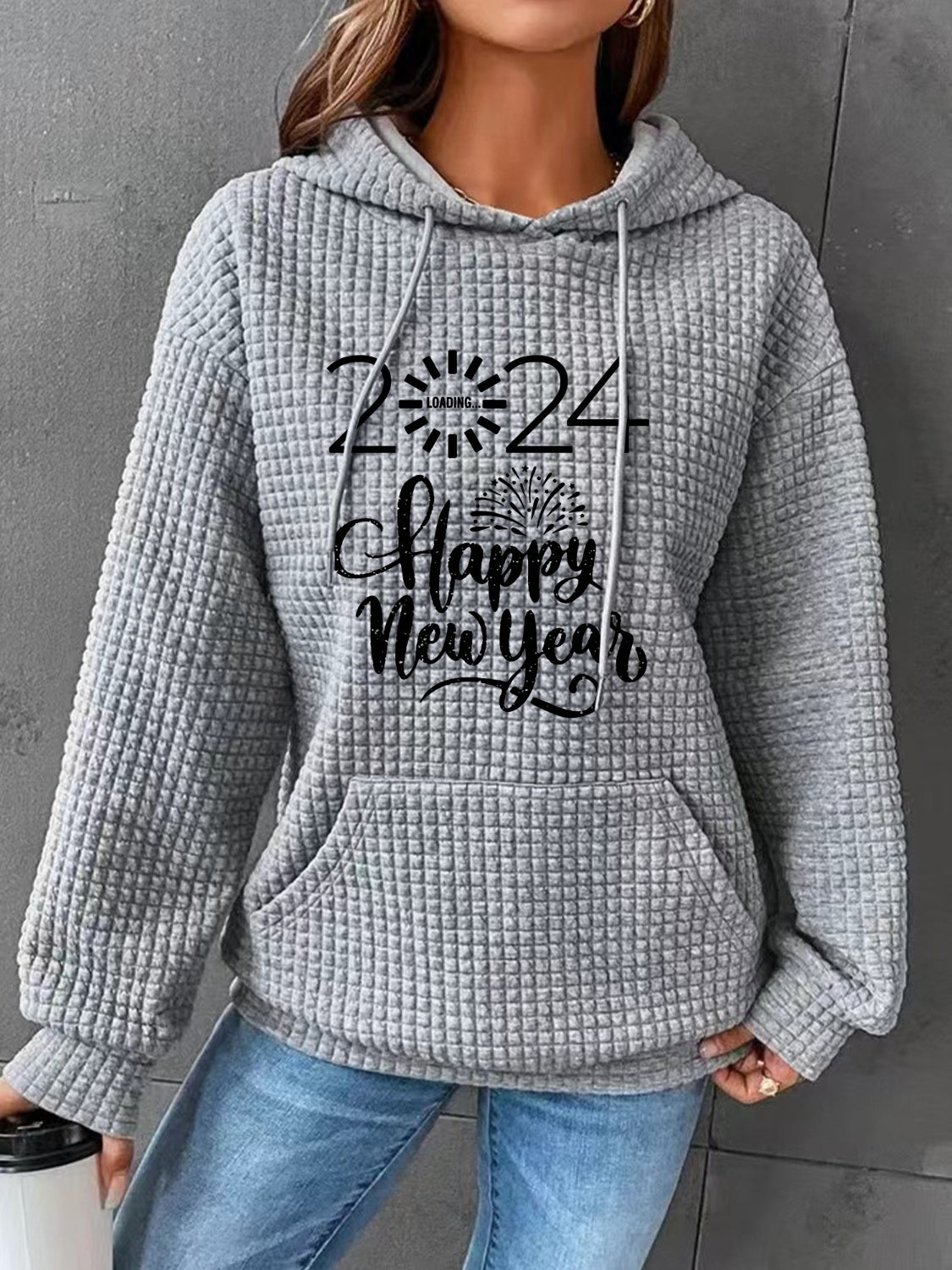 Full Size 2024 HAPPY NEW YEAR Waffle-Knit Hoodie-Jewearrings