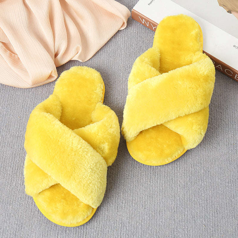 Faux Fur Crisscross Strap Slippers-Jewearrings