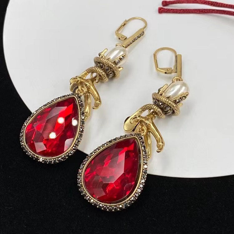 Women's Pearl Rhinestone With Ruby Earrings-Jewearrings