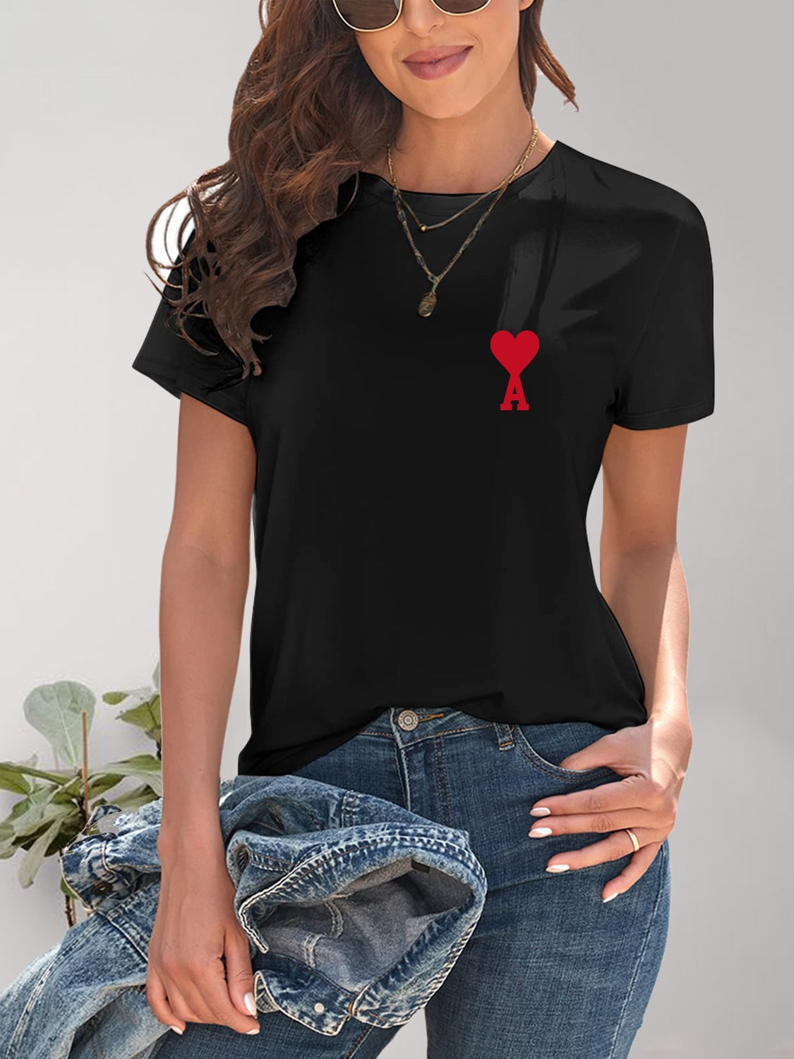 Heart Round Neck Short Sleeve T-Shirt-Jewearrings