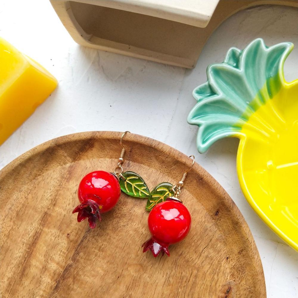 Silver Green Leaf Lovely Pomegranate Streamer Red Earrings-Jewearrings