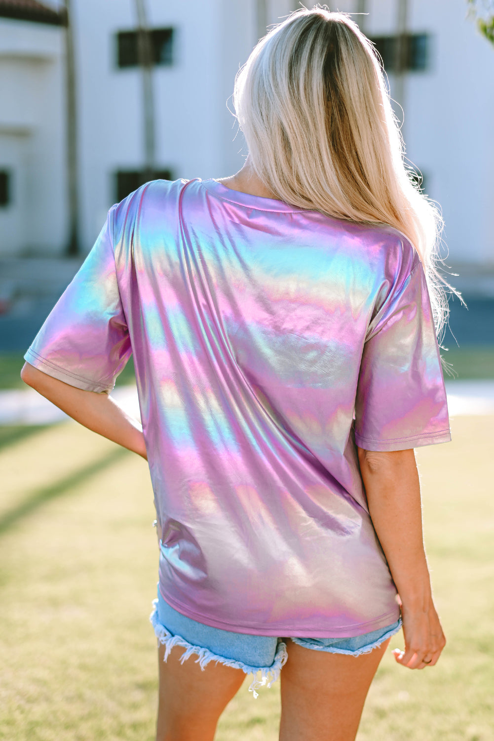 STAY WILD Round Neck Short Sleeve Holographic Tee-Jewearrings