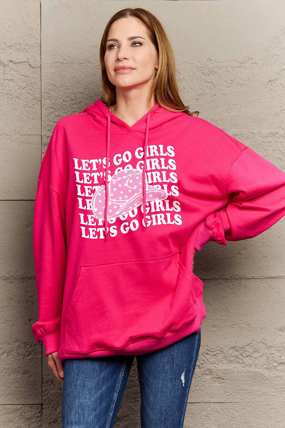 Simply Love Simply Love Full Size LET’S GO GIRLS Graphic Dropped Shoulder Hoodie-Jewearrings