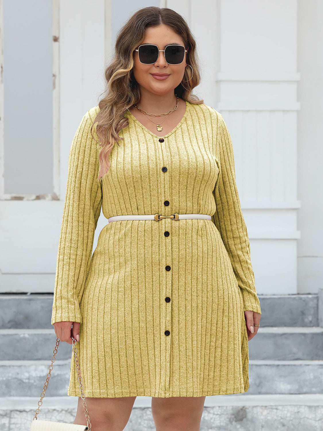 Plus Size Ribbed Buttoned V-Neck Long Sleeve Dress-Jewearrings