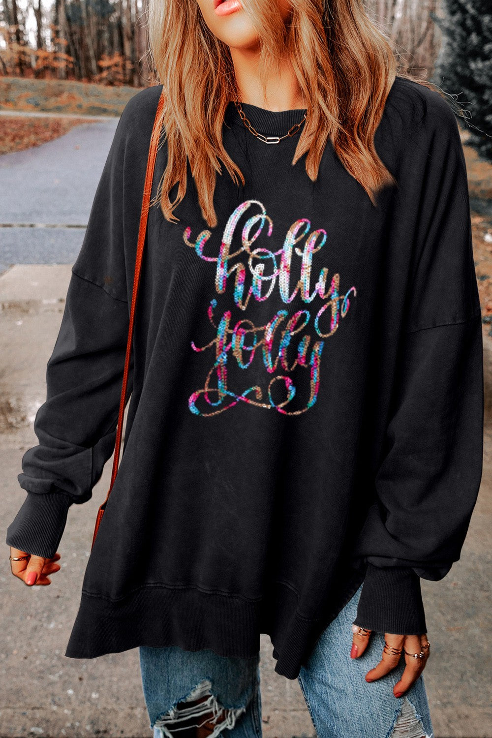 HOLLY JOLLY Sequin Round Neck Long Sleeve Slit Sweatshirt-Jewearrings