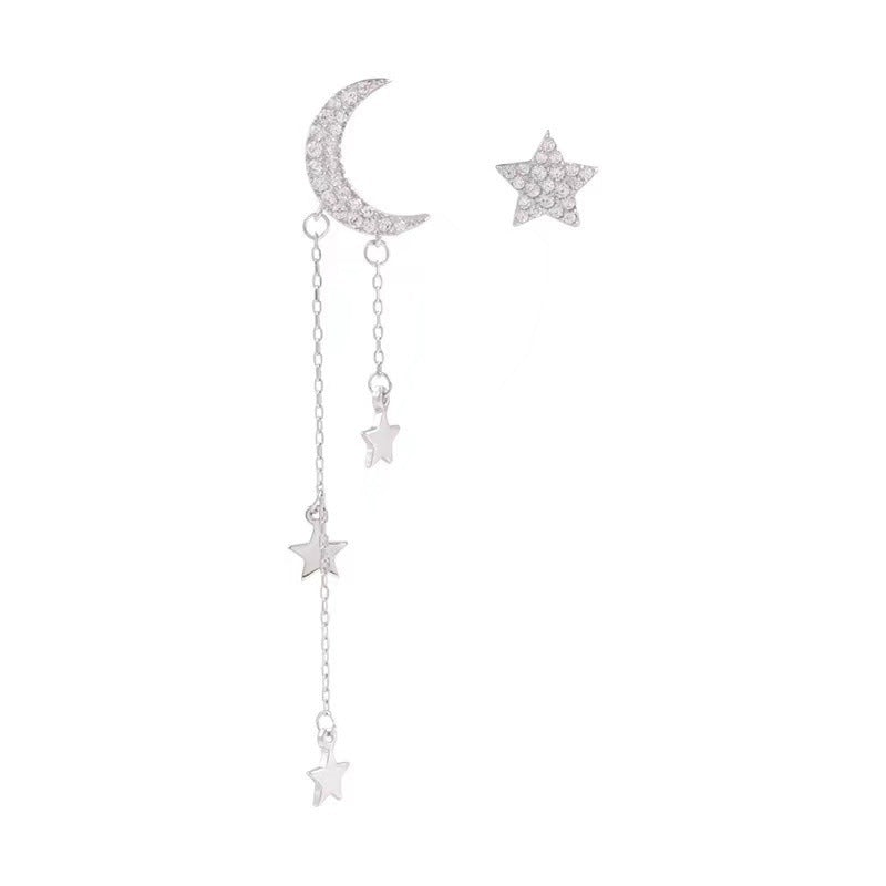 Star Moon Sterling Silver Stud Earrings Female Asymmetric Tassel Hanging Earrings-Jewearrings