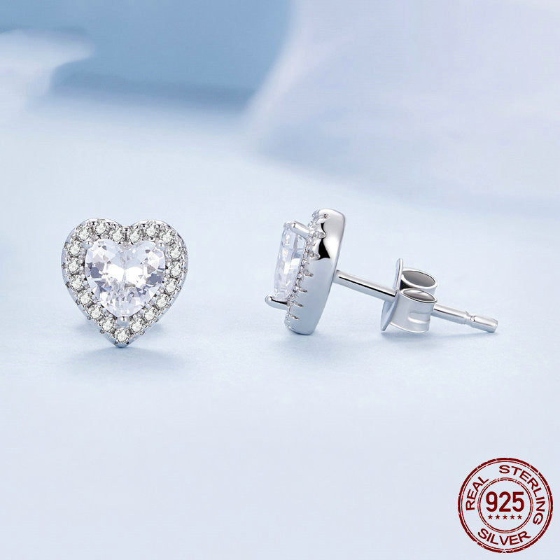 925 Sterling Silver Loving Heart Stud Earrings Female Shining Zircon-Jewearrings