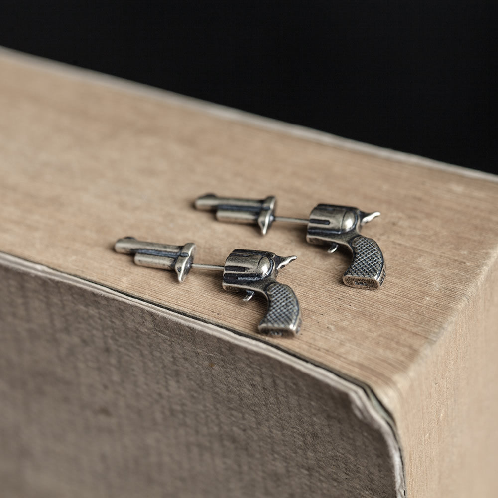 Sterling Silver Three-dimensional Miniature Pistol Earrings-Jewearrings