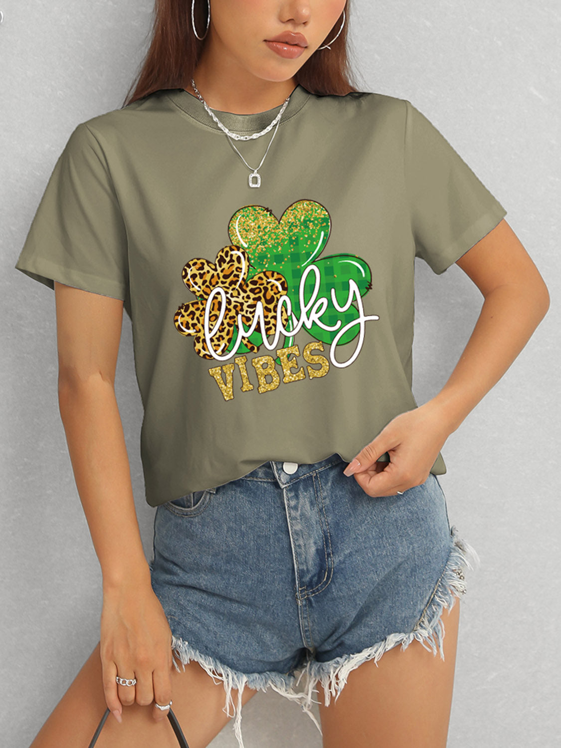 LUCKY VIBES Round Neck Short Sleeve T-Shirt-Jewearrings