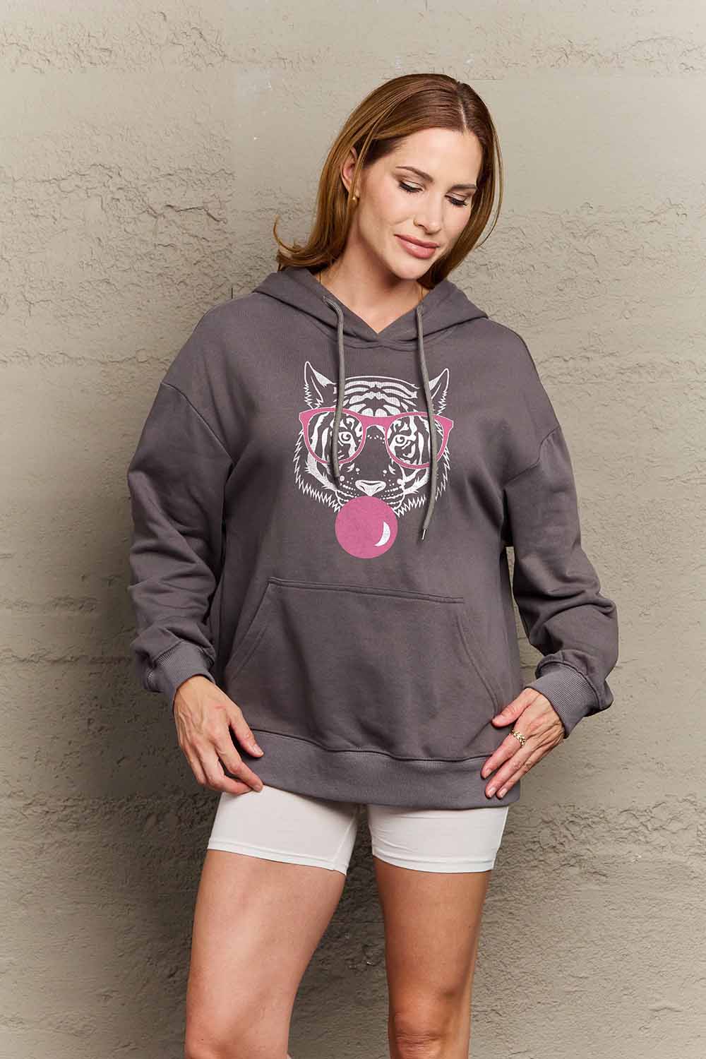 Simply Love Simply Love Full Size Dropped Shoulder Tiger Graphic Hoodie-Jewearrings