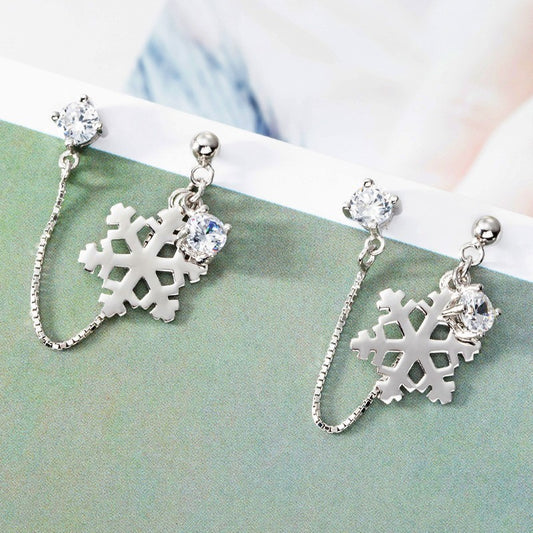 S925 Sterling Silver Earrings Female Snowflake Double Pierced Simple Personality-Jewearrings