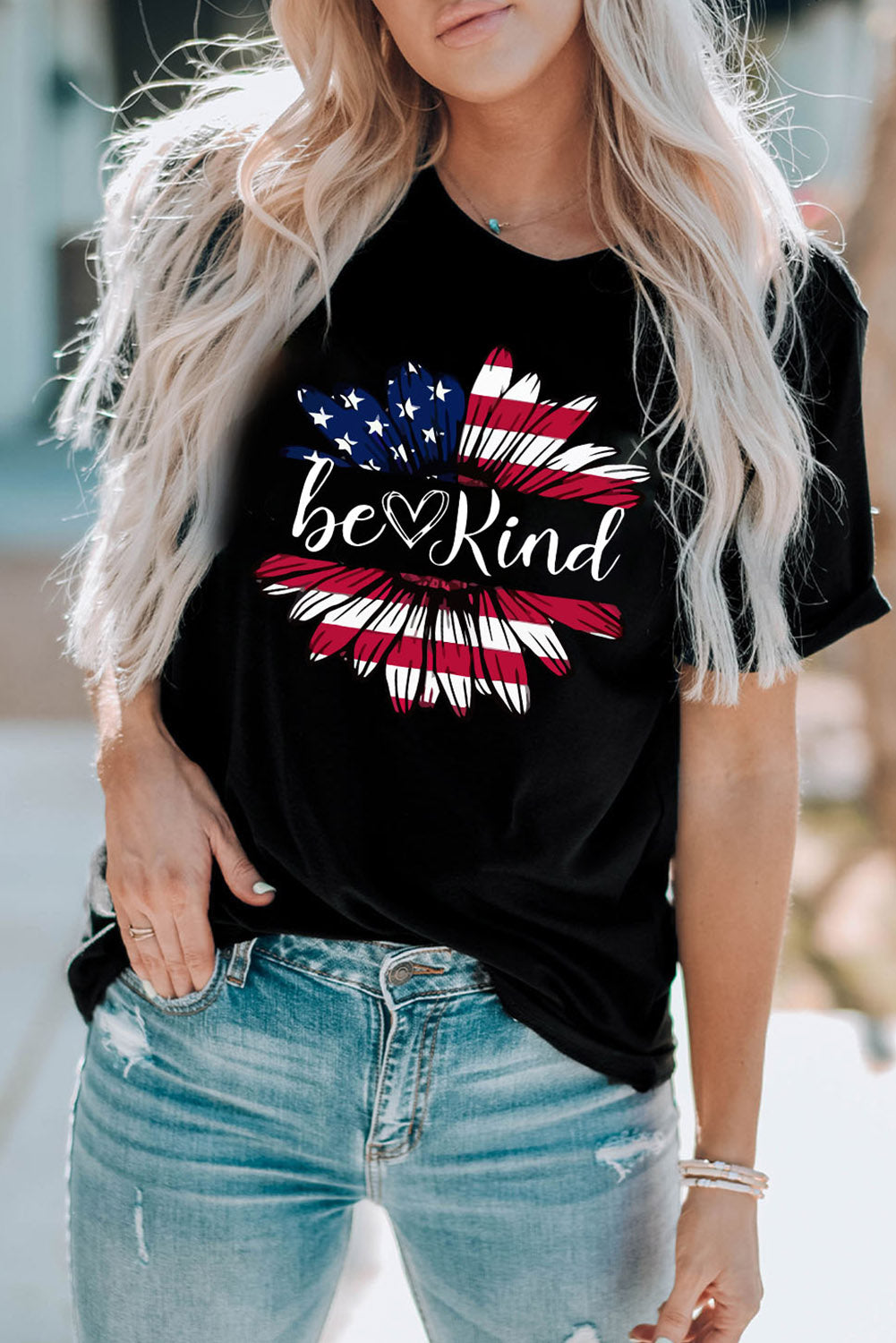 BE KIND US Flag Graphic Round Neck Tee-Jewearrings