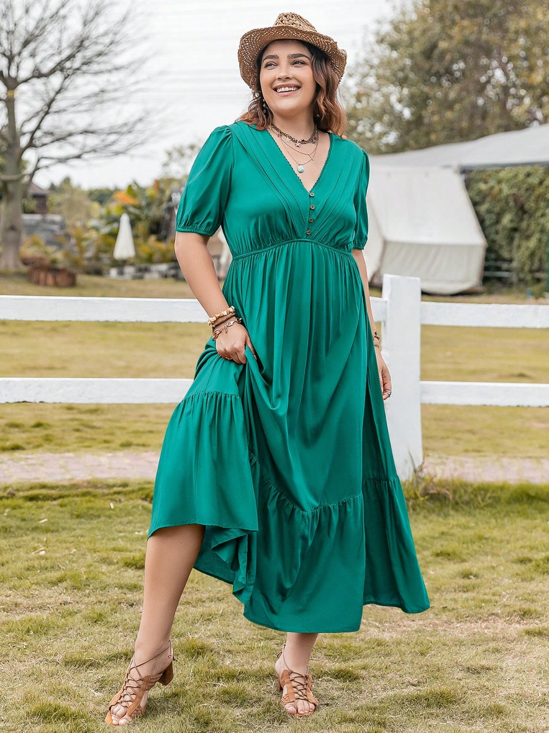 Plus Size V-Neck Short Sleeve Ruffle Hem Dress-Jewearrings