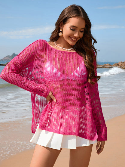 Openwork Slit Boat Neck Long Sleeve Cover-Up-Jewearrings