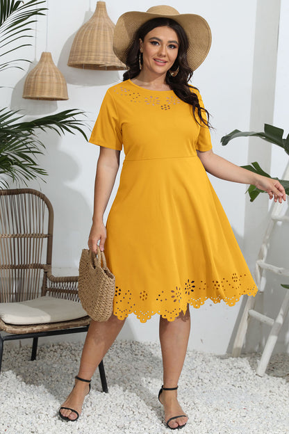 Plus Size Round Neck Openwork Dress-Jewearrings