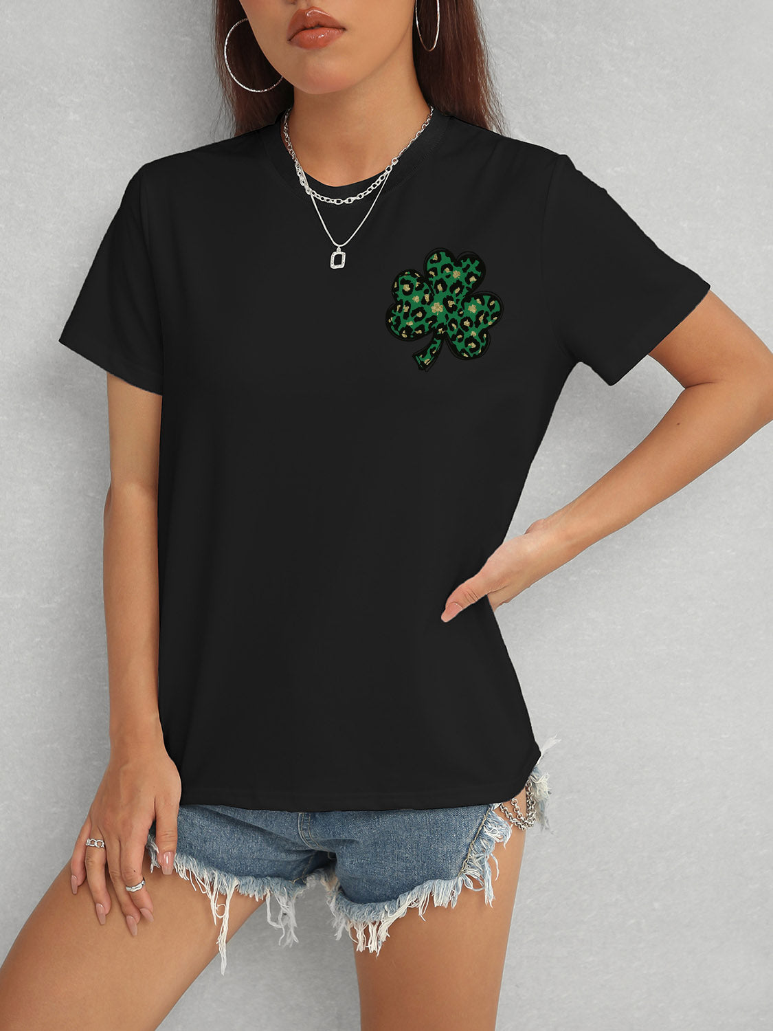 Lucky Clover Round Neck Short Sleeve T-Shirt-Jewearrings