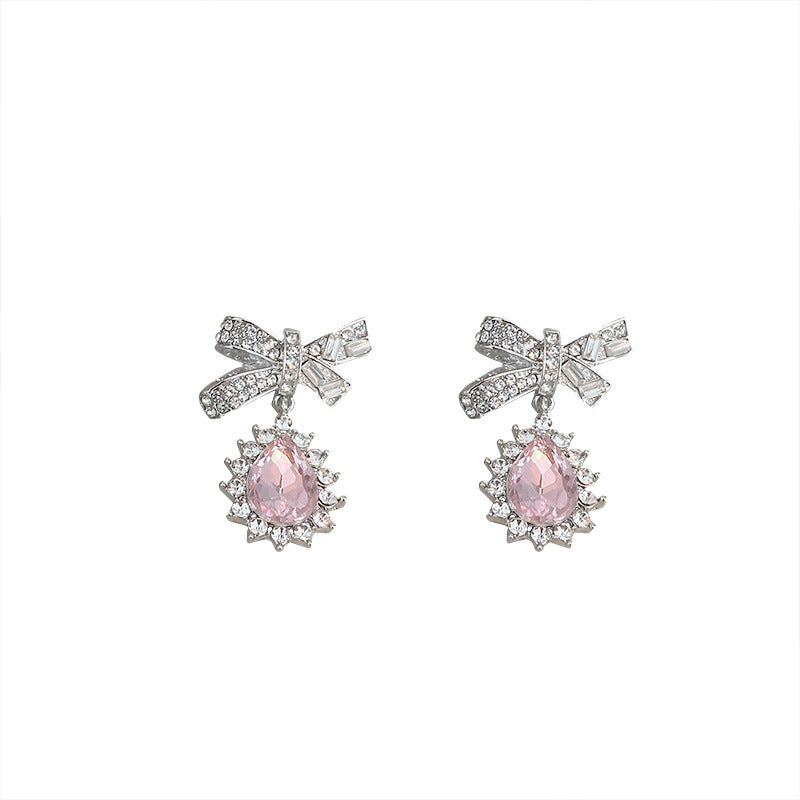 Needle Korean Design Crystal Zircon Bow Earrings-Jewearrings