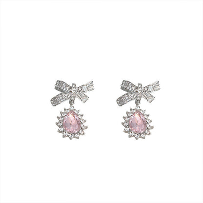 Needle Korean Design Crystal Zircon Bow Earrings-Jewearrings