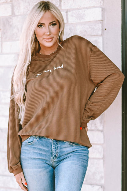 YOU ARE LOVED Graphic Dropped Shoulder Corduroy Sweatshirt-Jewearrings