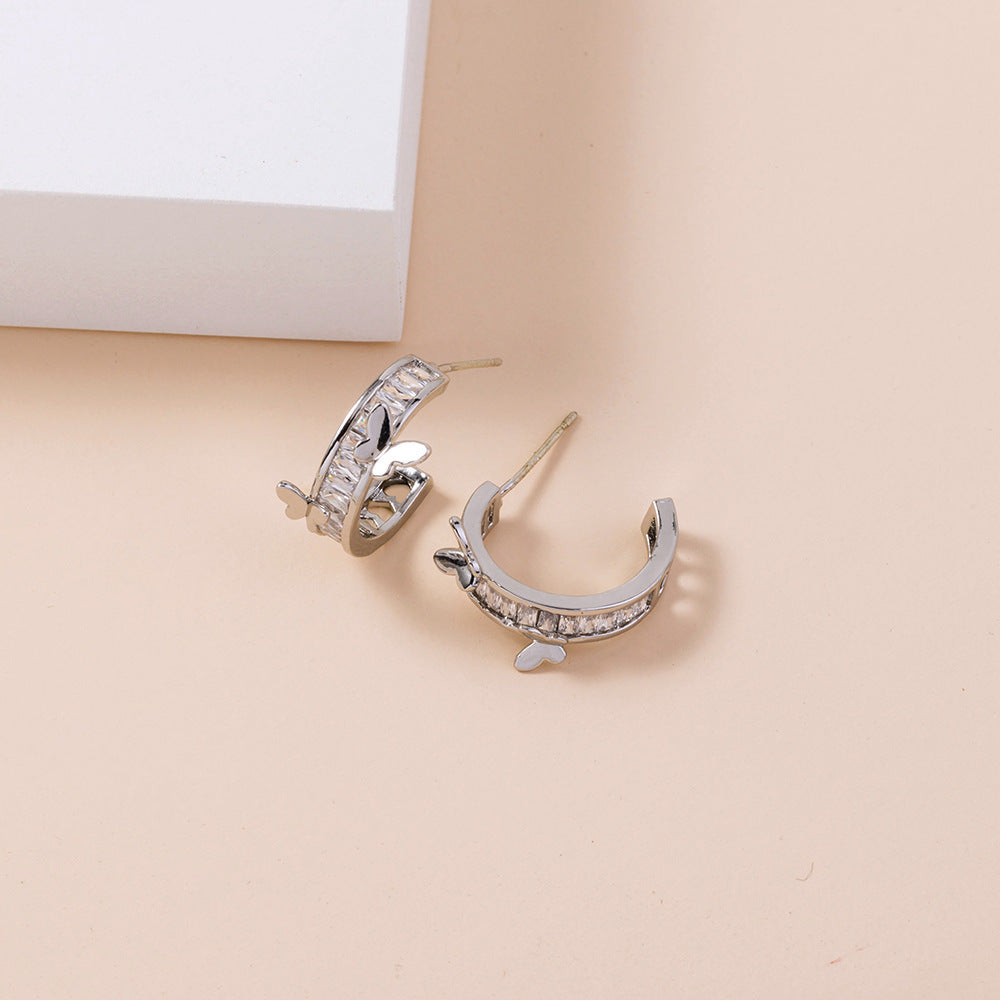 Zircon Butterfly C-shaped Ear Hoop Earrings Female Accessories Jewelry-Jewearrings