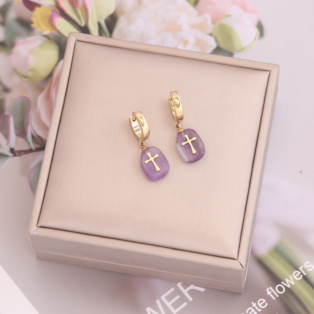 Natural Stone Cross Earrings Female Personality-Jewearrings