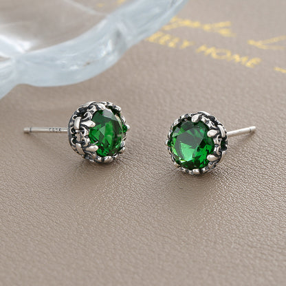 S925 Sterling Silver Emerald Zircon Retro Small Cross Earrings-Jewearrings