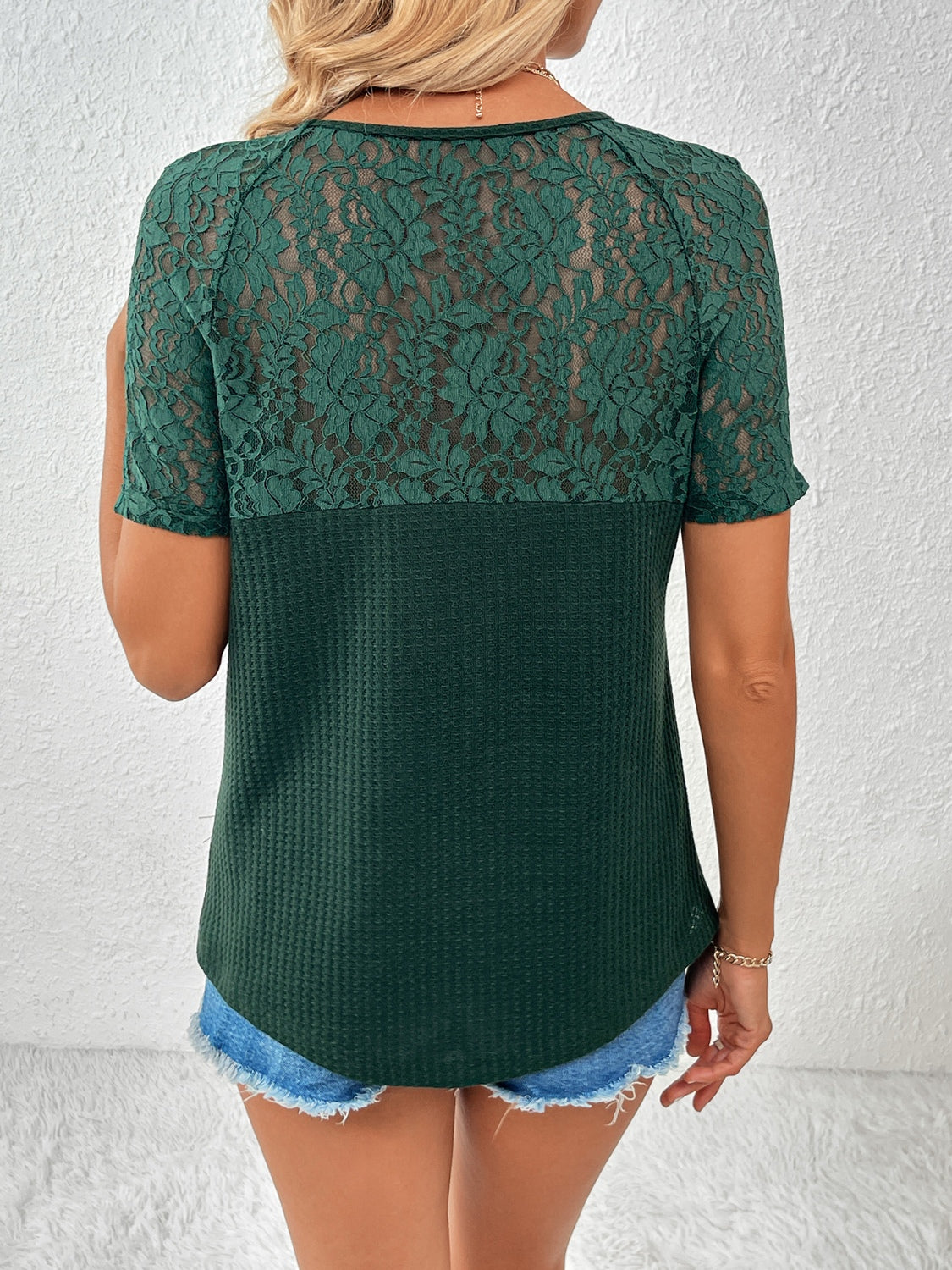 Lace Detail V-Neck Short Sleeve T-Shirt-Jewearrings