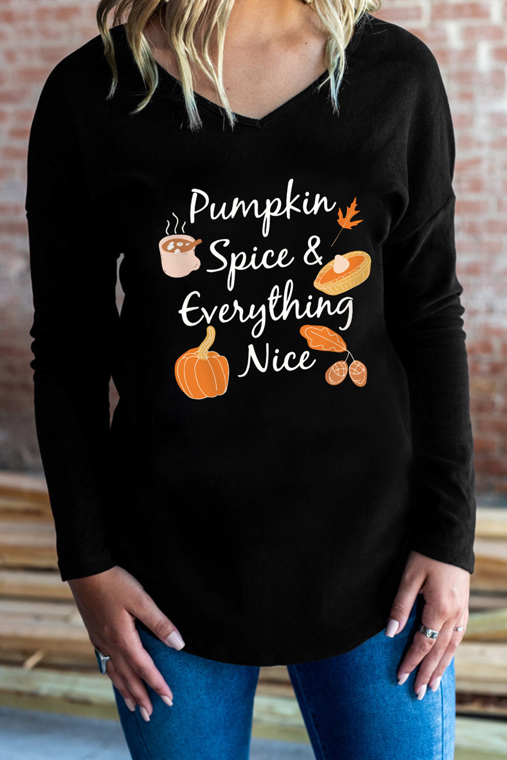 Fall Theme V-Neck Long Sleeve T-Shirt-Jewearrings