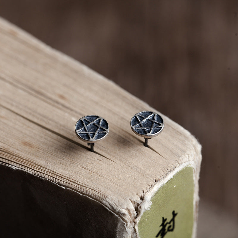 Sterling Silver Pentagram Vintage Personality Stud Earrings-Jewearrings